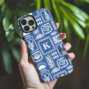 Coque iPhone 16 Pro Max Monogram Moderne Bleu Blanc Motif Abstrait