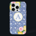 Coque Case-Mate iPhone Monogram Positano Lemons Bleu Blanc Carreaux itali<br><div class="desc">Citrons peints à la main,  rehaussés de fleurs d'aquarelle rose,  contre un arrière - plan motif vintage en carreaux bleu et blanc.</div>