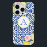 Coque Case-Mate iPhone Monogram Positano Lemons Bleu Blanc Carreaux itali<br><div class="desc">Citrons peints à la main,  rehaussés de fleurs d'aquarelle rose,  contre un arrière - plan motif vintage en carreaux bleu et blanc.</div>