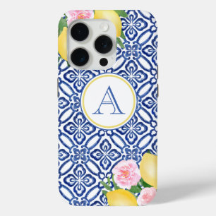 Coque Case-Mate iPhone Monogram Positano Lemons Bleu Blanc Carreaux itali
