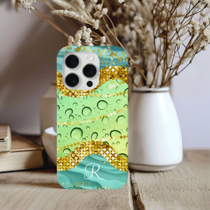 Coque Case-Mate iPhone Monogram R Aqua Lime Gold Marbre Fantaisie Gouttel