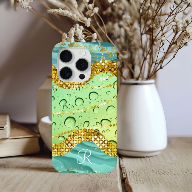 Coques Case-Mate iPhone Monogram R Aqua Lime Gold Marbre Fantaisie Gouttel (Créateur téléchargé)