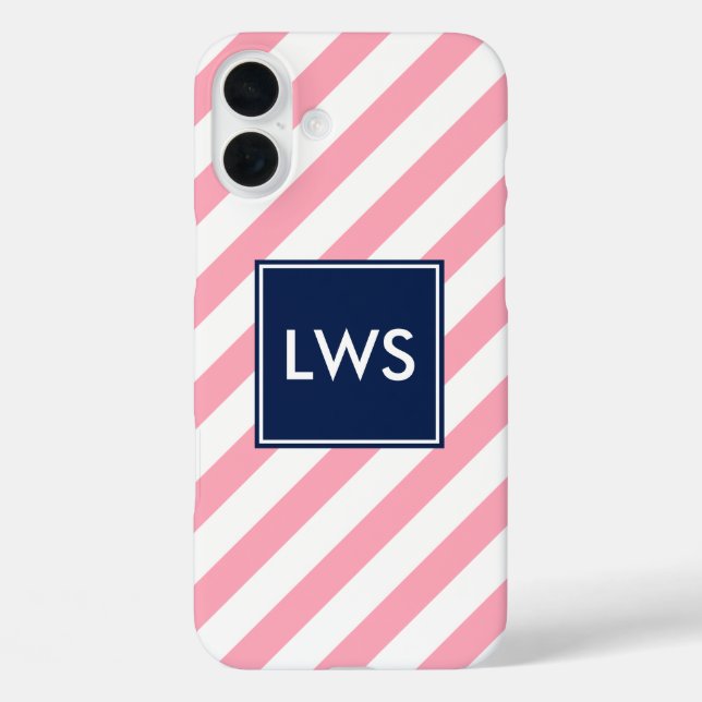 Coques Case-Mate iPhone Monogramme à bandes diagonales rose et bleu (Verso)