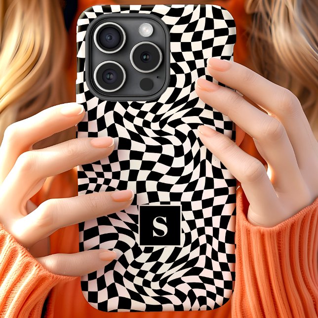 Coques Case-Mate iPhone Monogrammé à carreaux ondulés noir et blanc (Créateur téléchargé)