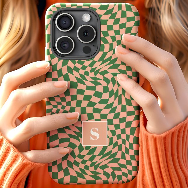 Coques Case-Mate iPhone Monogramme à carreaux ondulés rose et vert (Créateur téléchargé)