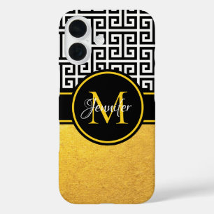 Coque Pour iPhone 16 Monogramme à clé grecque noir et blanc avec feuill