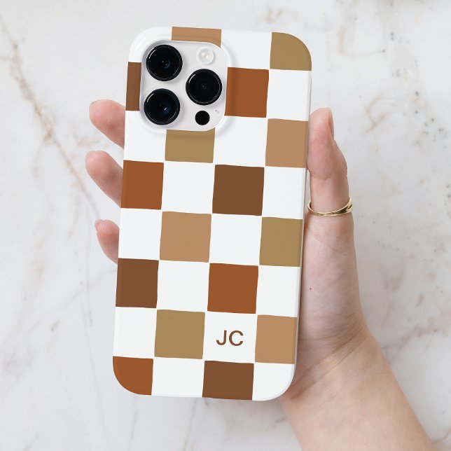 Coques Case-Mate iPhone Monogramme À damiers Brown Moderne Simple Motif (Monogram Checkered Brown Modern Simple Pattern Case-Mate iPhone Case)