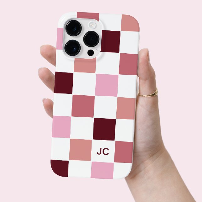 Coques Case-Mate iPhone Monogramme À damiers rose moderne simple Motif (Monogram Checkered Pink Modern Simple Pattern Case-Mate iPhone Case)