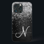 Case-Mate iPhone Case Monogramme à étincelle noire à Parties scintillant<br><div class="desc">Personnalisez facilement ce design élégant et branché de boîtier de téléphone avec une jolie parties scintillant brillante en argent sur un arrière - plan métallique brossé noir.</div>