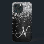 Case-Mate iPhone Case Monogramme à étincelle noire à Parties scintillant<br><div class="desc">Personnalisez facilement ce design élégant et branché de boîtier de téléphone avec une jolie parties scintillant brillante en argent sur un arrière - plan métallique brossé noir.</div>