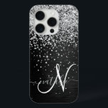 Coque Case-Mate iPhone Monogramme à étincelle noire à Parties scintillant<br><div class="desc">Personnalisez facilement ce design élégant et branché de boîtier de téléphone avec une jolie parties scintillant brillante en argent sur un arrière - plan métallique brossé noir.</div>