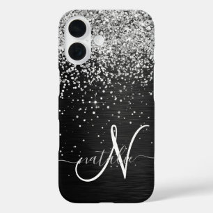 Coque Pour iPhone 16 Monogramme à étincelle noire à Parties scintillant