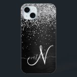 Coque Case-Mate iPhone Monogramme à étincelle noire à Parties scintillant<br><div class="desc">Personnalisez facilement ce design élégant et branché de boîtier de téléphone avec une jolie parties scintillant brillante en argent sur un arrière - plan métallique brossé noir.</div>