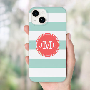 Coque Case-Mate iPhone Monogramme à large bande de la menthe et du corail