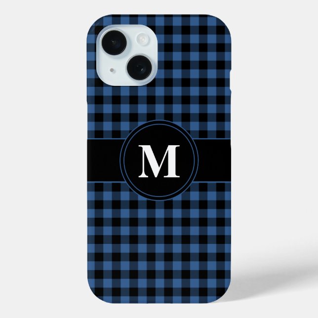 Coques Case-Mate iPhone Monogramme à motif carreaux bleu moderne (Verso)