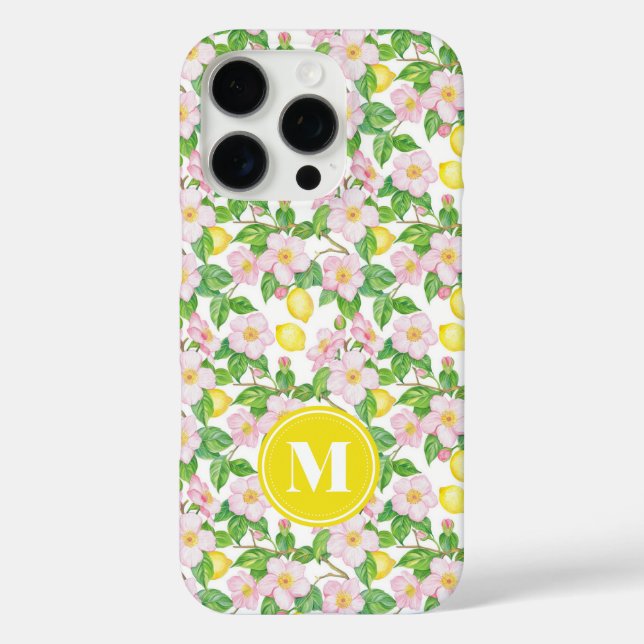 Coques Case-Mate iPhone Monogramme à motif de citron floral rose (Verso)