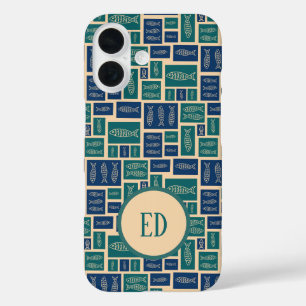 Coque Pour iPhone 16 Monogramme à motif de poisson bleu vert vintage