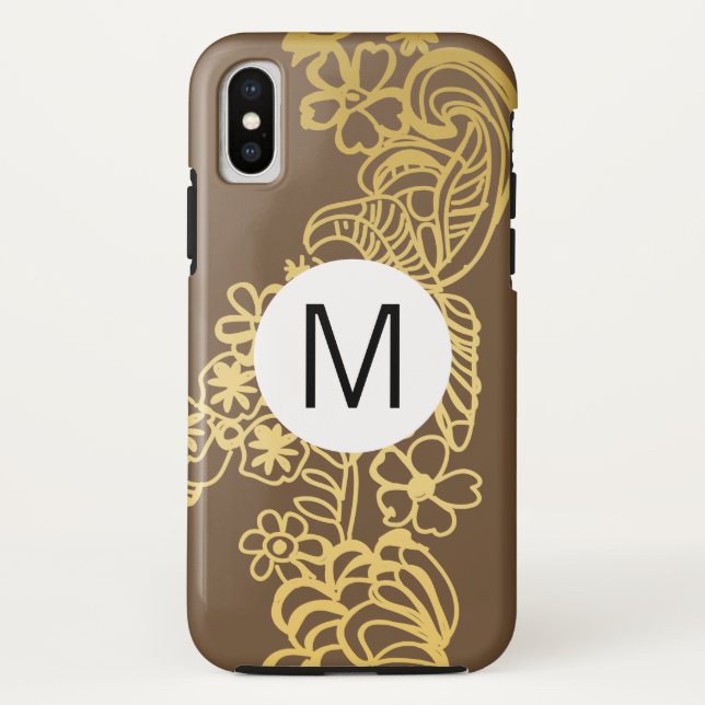 Coques Case-Mate iPhone monogramme à motif floral doré marron (Dos)