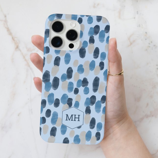 Coques Case-Mate iPhone Monogramme à motif pointillé aquarelle bleue moder (Monogram Blue Modern Watercolor Dot Pattern Case-Mate iPhone Case)