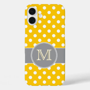 Coque Pour iPhone 16 Plus Monogramme à points de polka jaune et gris gai joy