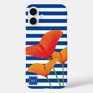 Coque Pour iPhone 16 Plus Monogramme à rayures bleu chic