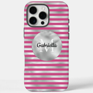 Coque iPhone 16 Pro Max Monogramme à rayures d'argent rose