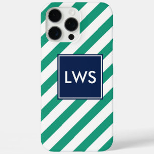 Coque iPhone 16 Pro Max Monogramme à rayures diagonales bleues vertes