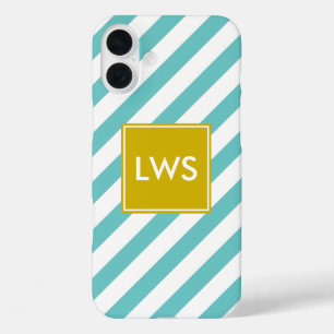 Coque Pour iPhone 16 Plus Monogramme à rayures diagonales de la menthe et du