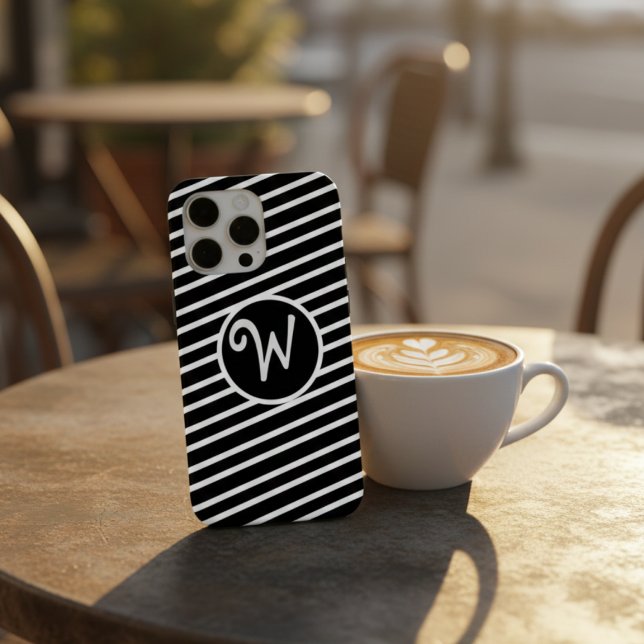 Coques Case-Mate iPhone Monogramme à rayures diagonales noires et blanches (Créateur téléchargé)