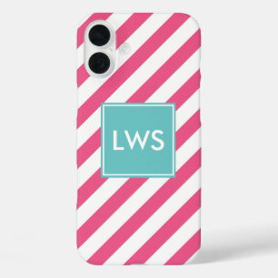 Coque Pour iPhone 16 Plus Monogramme à rayures diagonales roses et aqua