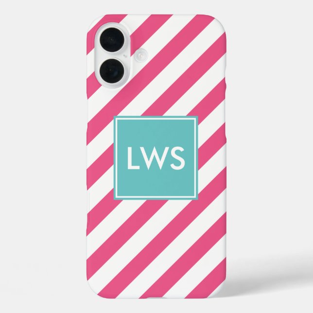 Coques Case-Mate iPhone Monogramme à rayures diagonales roses et aqua (Verso)