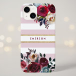 Coque Case-Mate iPhone Monogramme à rayures florales de saumon rose pouss<br><div class="desc">Caisses de téléphone monogrammed personnalisées avec votre nom ou autre texte. Ce design boho branché présente une bordure florale aquarelle aux couleurs d'automne rustiques sur un arrière - plan rayé blanc et rose mauve poussiéreux avec un faux accent de feuille d'or. Utilisez les outils de conception pour choisir une couleur...</div>