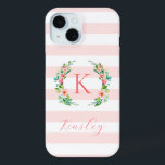 Coque Case-Mate iPhone Monogramme à rayures florales et roses paradis<br><div class="desc">Ce design branché et amusant est orné d'un arrière - plan rayé rose et blanc avec une couronne fleurie colorée. Personnalisez le design avec votre nom et monogramme ou autre texte. Utilisez les outils de conception pour choisir une couleur arrière - plan, modifier les polices de texte et les couleurs...</div>