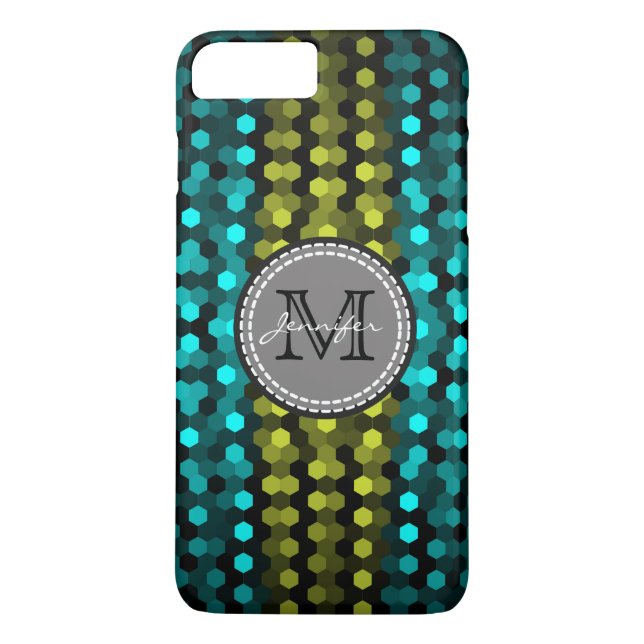 Coques Case-Mate iPhone Monogramme Acid green & Aqua Hexagons Mosaic Motif (Dos)