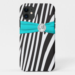 Coques Pour iPhone Monogramme Aqua, Noir, Blanc Zèbre Striped iPhone