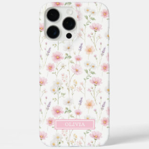 Coque iPhone 16 Pro Max Monogramme aquarelle de fleur sauvage rose
