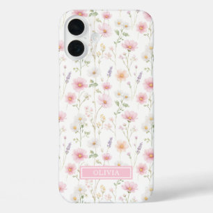 Coque Pour iPhone 16 Plus Monogramme aquarelle de fleur sauvage rose