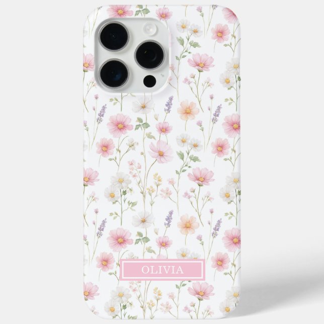 Coques Case-Mate iPhone Monogramme aquarelle de fleur sauvage rose (Verso)
