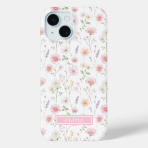 Coque Case-Mate iPhone Monogramme aquarelle de fleur sauvage rose