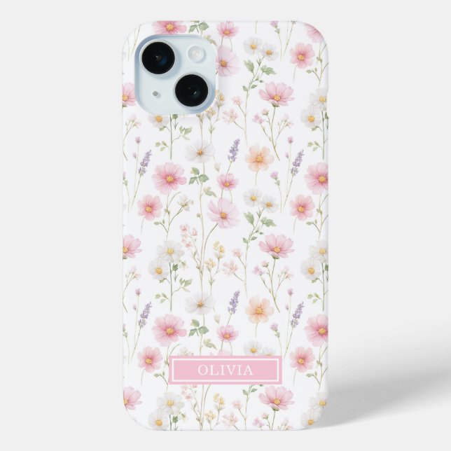 Coques Case-Mate iPhone Monogramme aquarelle de fleur sauvage rose (Verso)