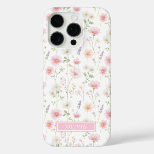 Coque iPhone 16 Pro Monogramme aquarelle de fleur sauvage rose
