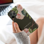 Coque Case-Mate iPhone Monogramme Aquarelle Florale Vert foncé<br><div class="desc">Personnalisez ce magnifique coque d'aquarelle fleurie avec votre nom qui a un cadre géométrique or rose dans l'arrière - plan.</div>