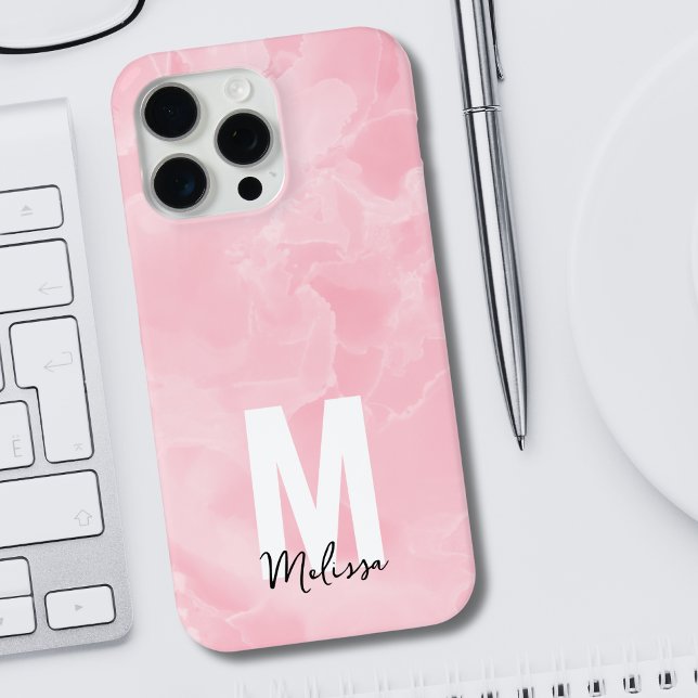 Coques Case-Mate iPhone Monogramme aquarelle marbre rose moderne chic (Chic Modern Pink Marble Watercolor Monogram Case-Mate iPhone Case)