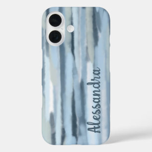 Coque Pour iPhone 16 Monogramme aquarelle pastel rayures bleu marine tu
