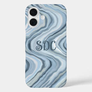Coque Pour iPhone 16 Monogramme aquarelle pastel rayures bleu marine tu