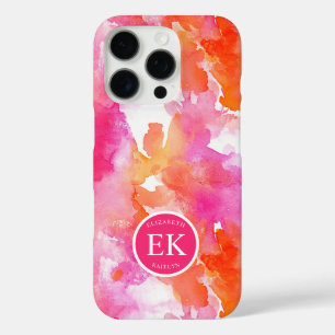 Coque iPhone 16 Pro Monogramme Aquarelle Rose Orange Abstrait