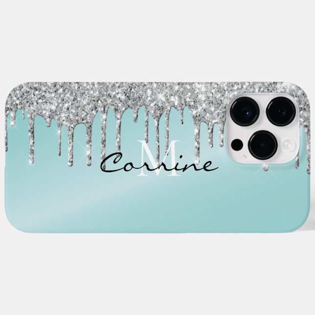 Coques Case-Mate iPhone Monogramme Argent Aqua Parties scintillant Bleu An (Verso (horizontal))