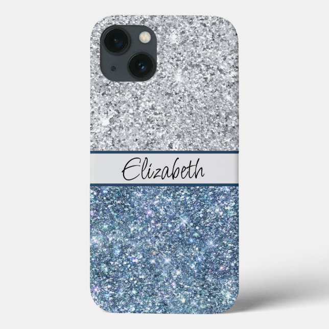 Coques Case-Mate iPhone Monogramme Argent Paillettes Bleues Tendance Chic  (Verso)