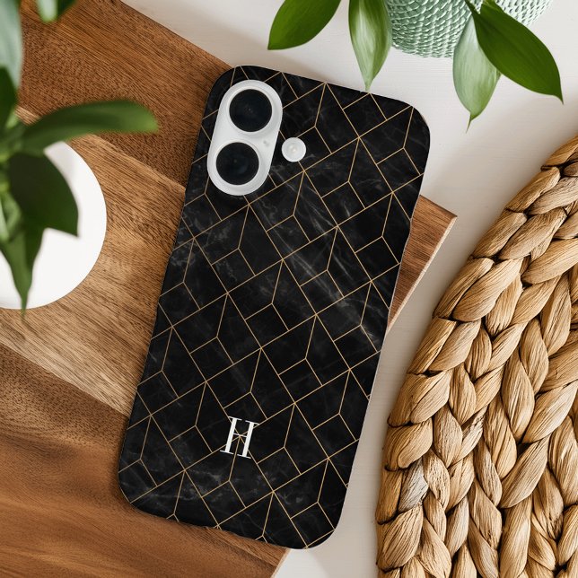 Coques Case-Mate iPhone Monogramme Art déco géométrique or et marbre noir (Créateur téléchargé)