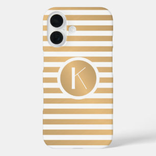 Coque Pour iPhone 16 Monogramme Bandes Or et Blanc